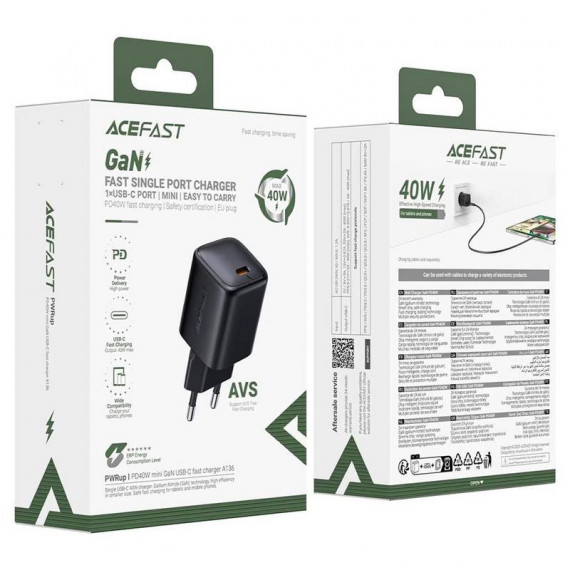 Cargador USB-C Acefast A136 PD40W Mini GaN Rápido Negro