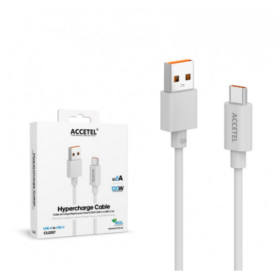 Cable Datos Accetel Carga Rápida para Xiaomi 120W USB-A USB-C 6A Blanco 1M CU2157