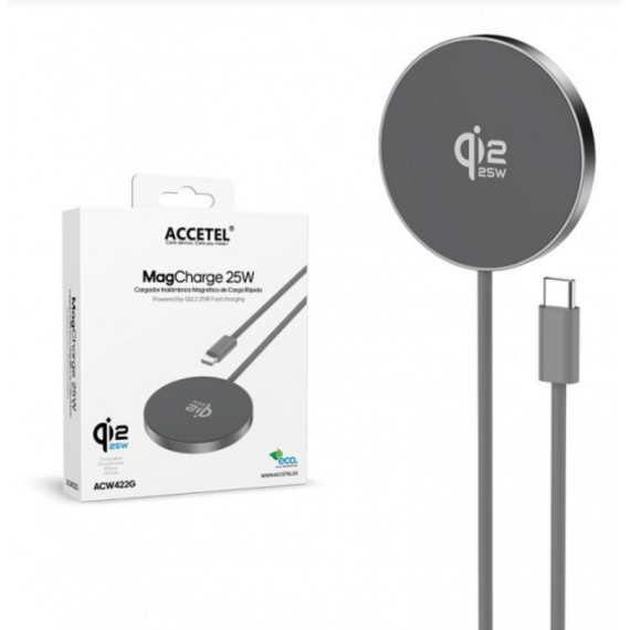 Cargador Inalámbrico Accetel Magnético 25W con MagSafe Gris ACW422G