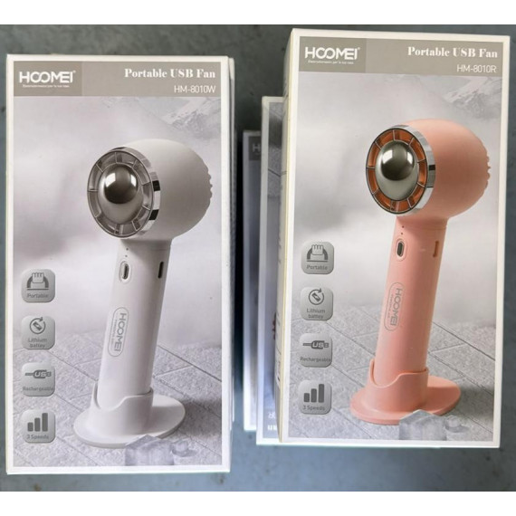 Ventilador de Mano Hoomei Portable USB Recargable 3 Velocidades 1200MAH Rosa Blanco HM-8010W