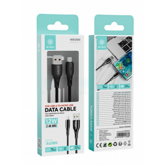 Cable de Datos IKREA de Carga Rápida Micro USB 12W 2.4A Max 1M Negro WB3000