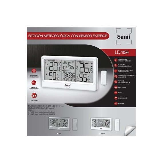 SAMI Estacion Barometrica LD-1124 con Sensor,Fase lunar,Calendario,Temperatura Interior Exterior,Hum
