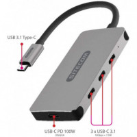 Hub 4 Puertos Usb-c Macho a X3 Usb-c 3.1 + 1 Usb-c Hembra de Carga  SITECOM
