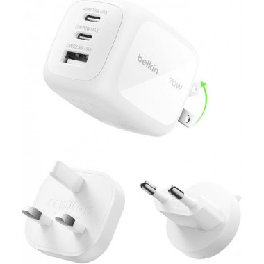 Cargador de Pared con 3 Puertos de 70 W + Kit de Adaptadores de Viaje BELKIN