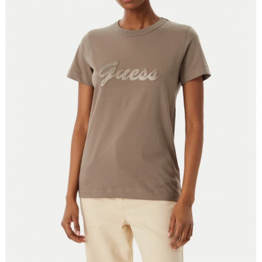 Camiseta Guess logotipo bordado taupe