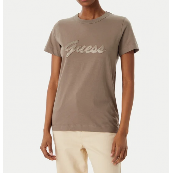 Camiseta Guess logotipo bordado taupe