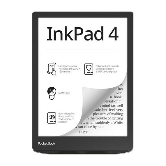 POCKETBOOK Libro Electronico InkPad 4 7.8",Pantalla Tactil ,Wifi,Bluetooth,,Luz Frontal,32Gb Plata