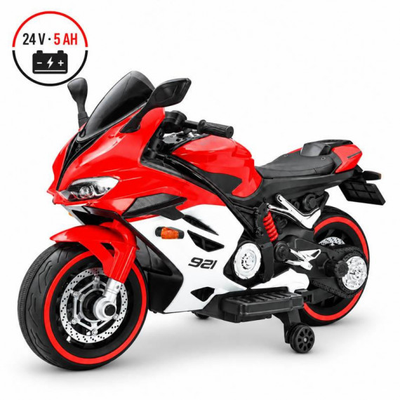 MOTO ELÉCTRICA INFANTIL ROJA-BLANCA 24 V 5 AH CON RUEDAS AUXILIARES