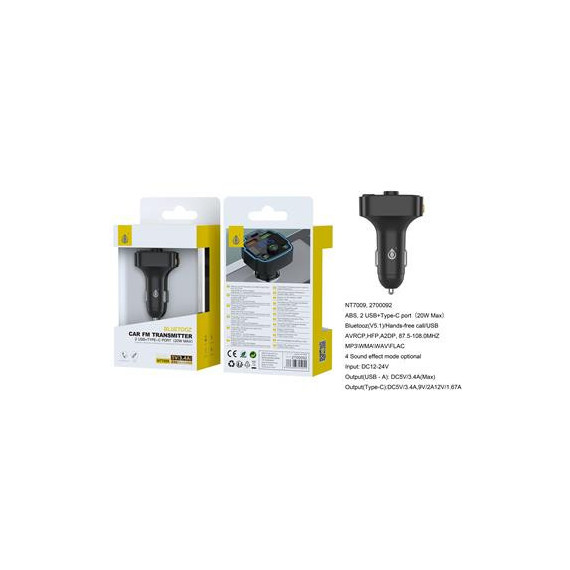 Oneplus Transmisor BLUETOOTH Fm para Coche 20W con 2XUSB A/ 1XTIPO C NT7009  ONE PLUS