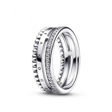 PANDORA Moments Anillo PANDORA Signature en Plata de Ley Logo Pav&eacute; & Cuentas 192312C01