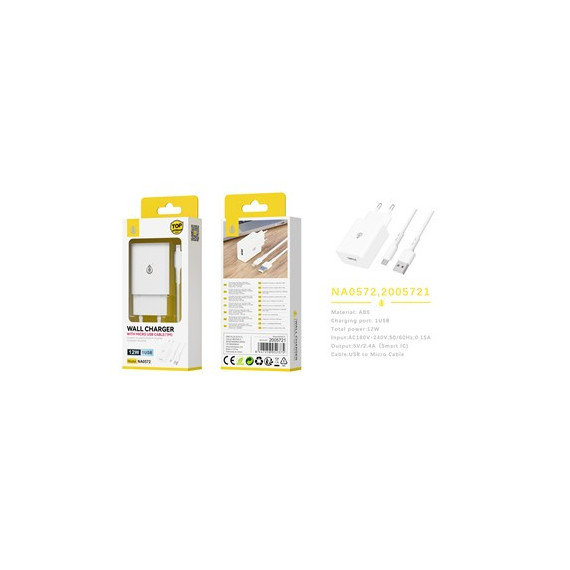 ONE PLUS Cargador Red por USB 12W + Cable Micro USB 1MTR  NA0572 Blanco