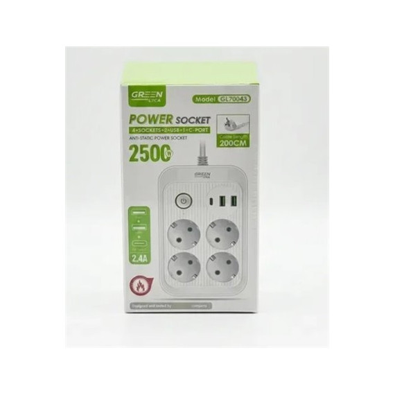GREEN LYCA Regleta 4 Tomas Schucko/1x Tipo C/2x Usb-A Con Interruptor 2500W Blanca GL70043 2Mtrs