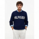 Waffle Cotton Graphic Crew Neck Carbon N  TOMMY HILFIGER