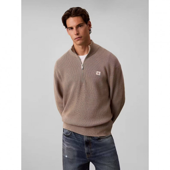 Ls Clsc Cttn Wfle Hzip Swtr 9GG Roasted  CALVIN KLEIN