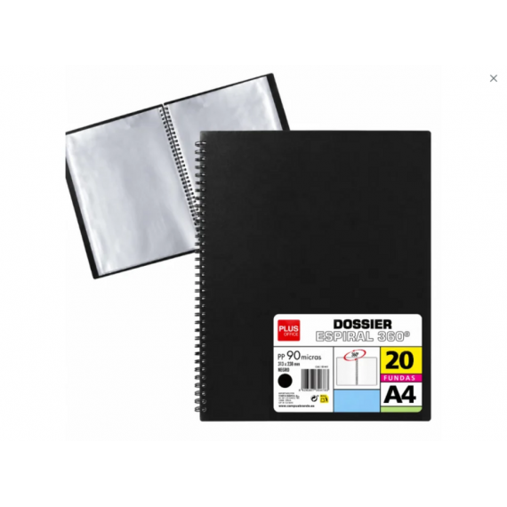 Carpeta Dossier Plus Office con Espiral A4 20 Fundas Negro