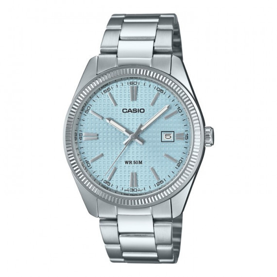 Casio MTP-1302PE-2AV Reloj de Pulsera para Hombre - Esfera Azul Claro Texturizada, Acero Inoxidable, Calendario y WR 50M