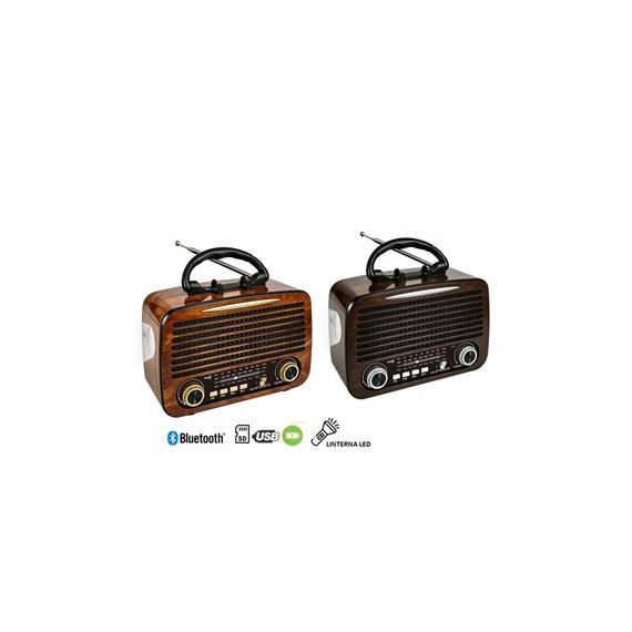 SAMI Radio Portatil Multibanda RS-11878  Vintage Madera Recargable con Bt,usb,micro Sd,y Linterna