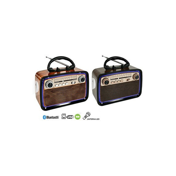 SAMI Radio Portatil Multibanda RS-11879 Vintage Madera Luz Led con Bt,usb,micro Sd,y Linterna Recarg