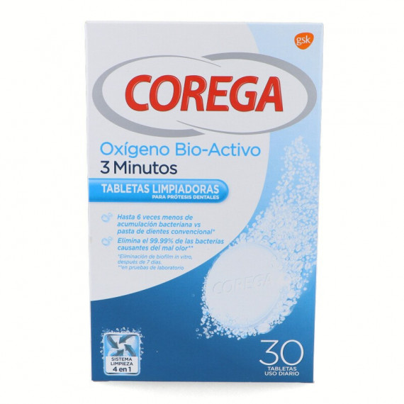 COREGA Oxígeno Bio-activo Pastillas Limpiadoras para Prótesis Dentales 30 Uds