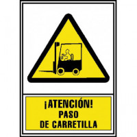 CARTEL PVC AMARILLO ATENCION PASO CARRETILLAS