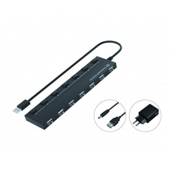 CONCEPTRONIC Hub USB 7 Puertos 2.0 Color Negro con Alimentador