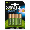 DURACELL Paquete de 4 Pilas Recargable Ultra 2500MAH Aa DURDLLR6P4B