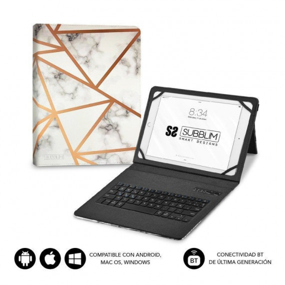 SUBBLIM Funda con Teclado Keytab Pro Bt para Tablet de 9- 11 Marmol Blanco