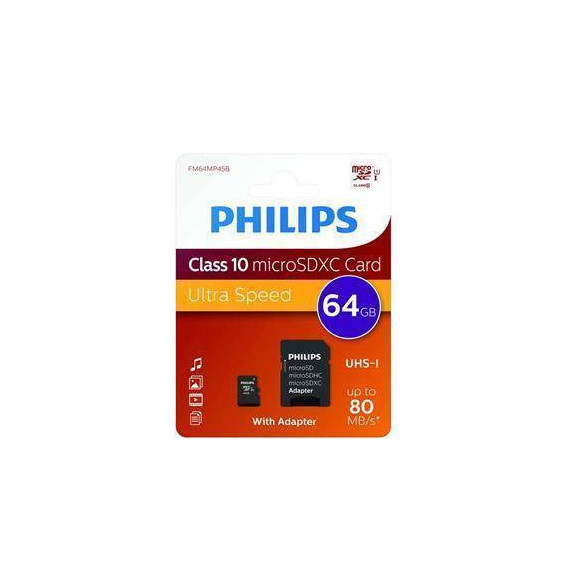 PHILIPS Tarjeta Memoria Micro Sdhc 64GB con Adaptador Uhs-i Clase 10 A1 80MB/S