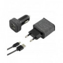 KSIX Pack 3 en 1  Cargador Red por USB 2.4A + Cargador Coche USB 2A, con Cable Micro USB Negro Tipo