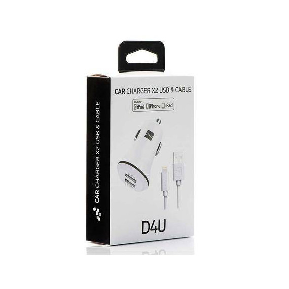 Disashop Cargador Coche 2XUSB + Cable Datos Lightning Iphone 5/6 3.4A Blanco  LALO