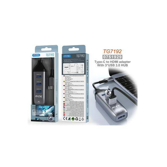 MTK Adaptador Tipo-c/m a Hdmi/h 4K + Hub 3XUSB 3.0 TG7192