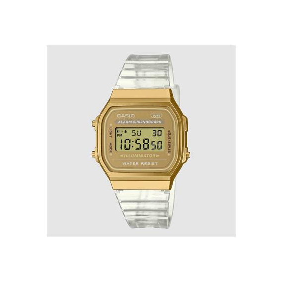 CASIO Coleccion A168XESG-9AEF Reloj Digital Dorado,correa Resina Transparente, Fecha,cronometro,alar