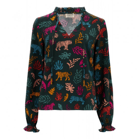 SUGARHILL BRIGHTON Camisas y Tops Camisa Sugarhill Candice Frill Dark Green Tiger Cutouts