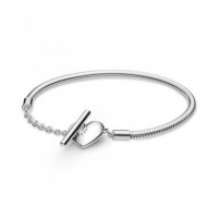 PANDORA San Valentín Pulsera Moments Corazón Grabable en Plata de Ley Cadena de Serpiente con Cierre en T y 599285C00
