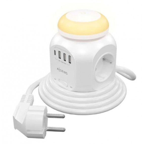 AISENS Regleta 4 Tomas con Interruptor y Luz Nocturna / Blanco 4 Tomas de Corriente/ 3 USB Tipo-c/ 2 Usb/ Cable 1.8M