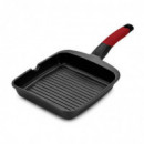 Grill Plancha Rayas con Mango Induccion Aluminio Fundido Negro Rojo 22CM