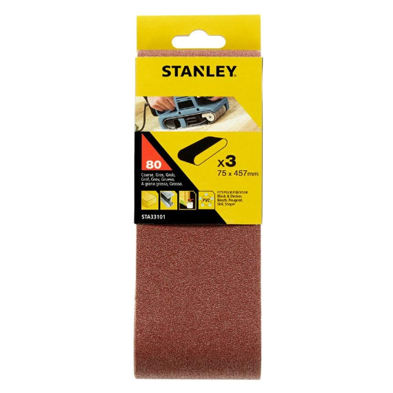 Stanley Sta33101-xj - 3 Bandas De Lija. 75 X 457 Mm.grano 80. Madera, Pintura, Barniz, Yeso, Metal Y