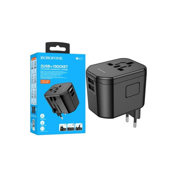 BOROFONE Enchufe Universal Eu/us/aus/uk con 2XUSB-A BAC1 Negro