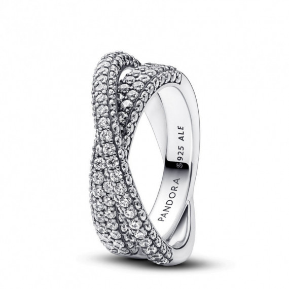 PANDORA Anillo en Plata de Ley Doble Banda Cruzada en Pavé​ 193022C01