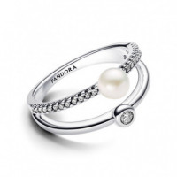 PANDORA Anillo Perla Cultivada de Agua Dulce y Doble Banda en Pavé 193147C01