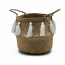 Cesto de Mimbre Color Natural  con Borlas Decorativas 23 X 25 Cm.  ESSENTIALS