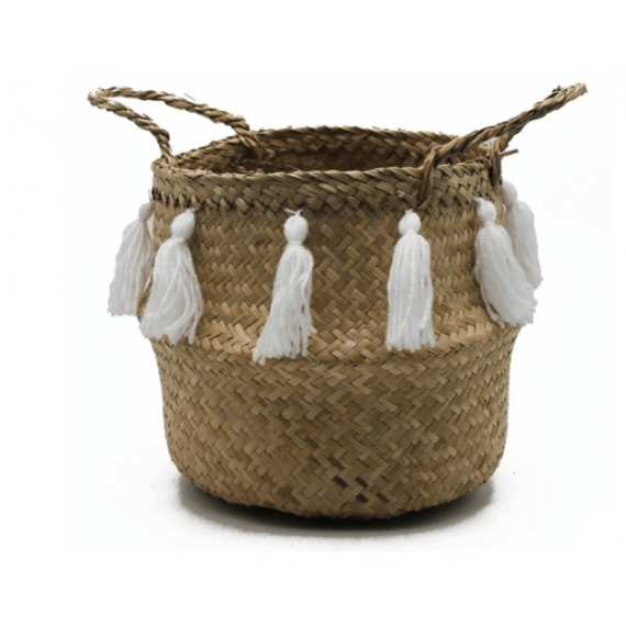 Cesto de Mimbre Color Natural  con Borlas Decorativas 23 X 25 Cm.  ESSENTIALS