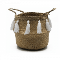 Cesto de Mimbre Color Natural  con Borlas Decorativas 23 X 25 Cm.  ESSENTIALS