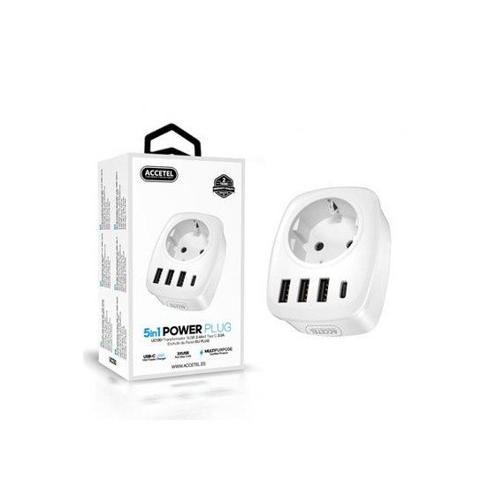 ACCETEL Enchufe 5 en 1 3XUSB 3.0+1XTIPO C 3AMP+1X Schucko Blanco UC130