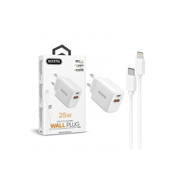 ACCETEL Cargador Red Usb-c+usb a 3.0+ Cables Datos Tipo C/m a Lightning/m 25W AC553 Blanco