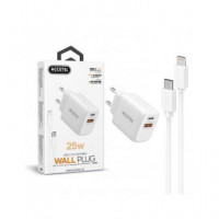 ACCETEL Cargador Red Usb-C+Usb A 3.0+ Cables Datos Tipo C/M a Lightning/M 25W AC553 Blanco