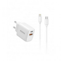 ACCETEL Cargador Red Usb-C+Usb A 3.0+ Cables Datos Tipo C/M a Lightning/M 25W AC553 Blanco