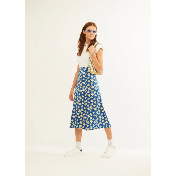 Falda XANTIK Apertura Lateral Navy Daisy
