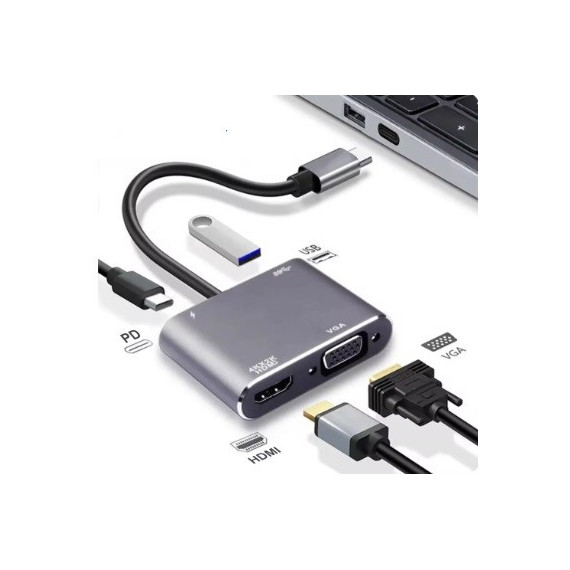 ULTRAPIX Adaptador 4 en 1 USB C con Hub HDMI (4K), USB a 3.0, USB C y VGA