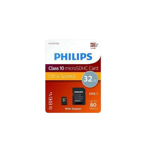PHILIPS Tarjeta Memoria Micro Sdhc 32GB con Adaptador Clase 10 A1 Uhs-i 80MB/S